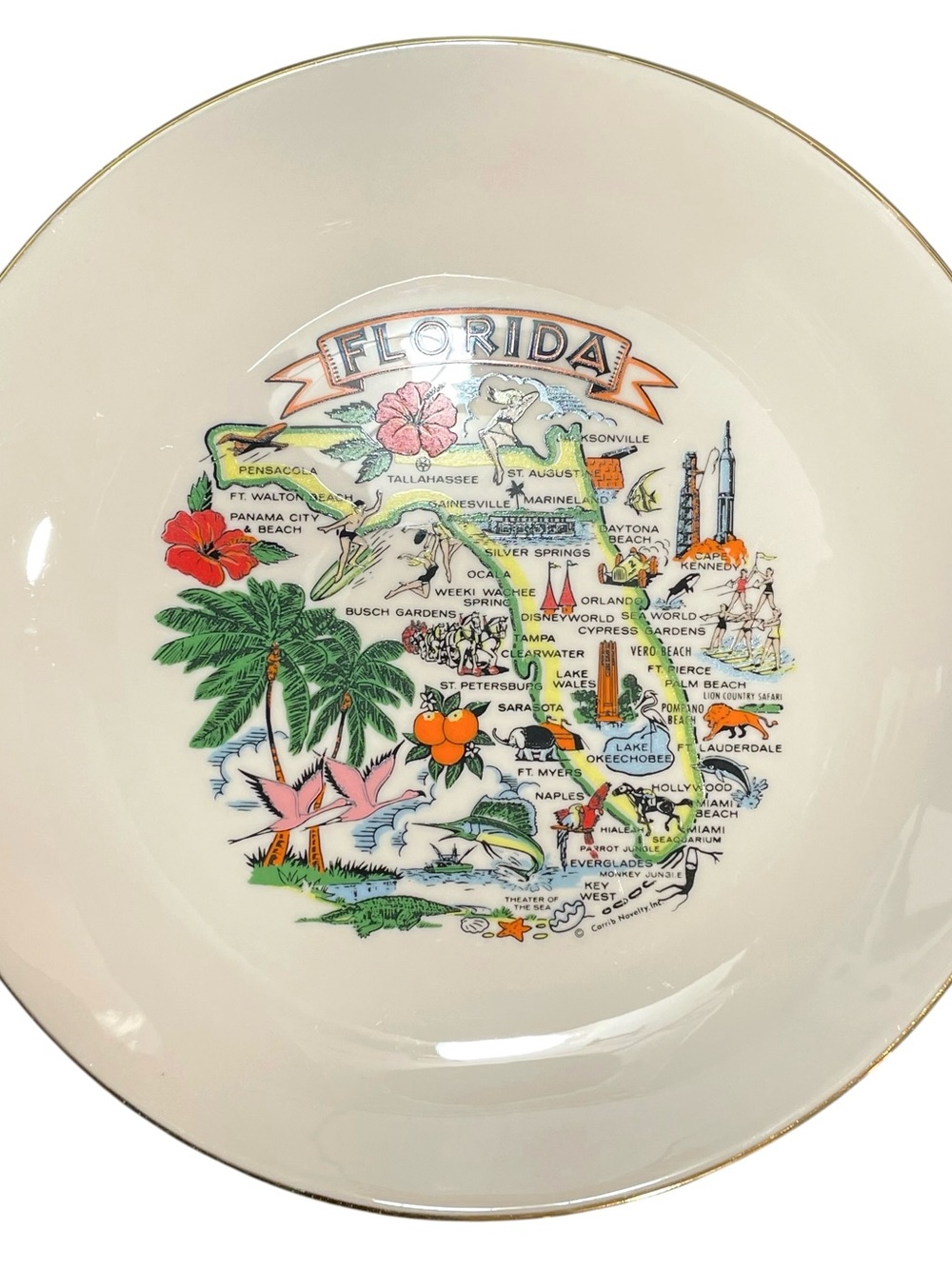 Vintage 1960s Florida Souvenir Ceramic Plate - Sunshine State Landmarks Map